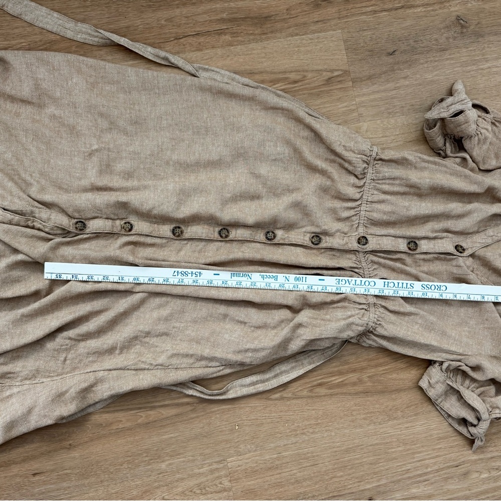 Linen Blend Button Safari Shift Front Midi Dress Tie Waist Beige M Time and Tru - Picture 9 of 10